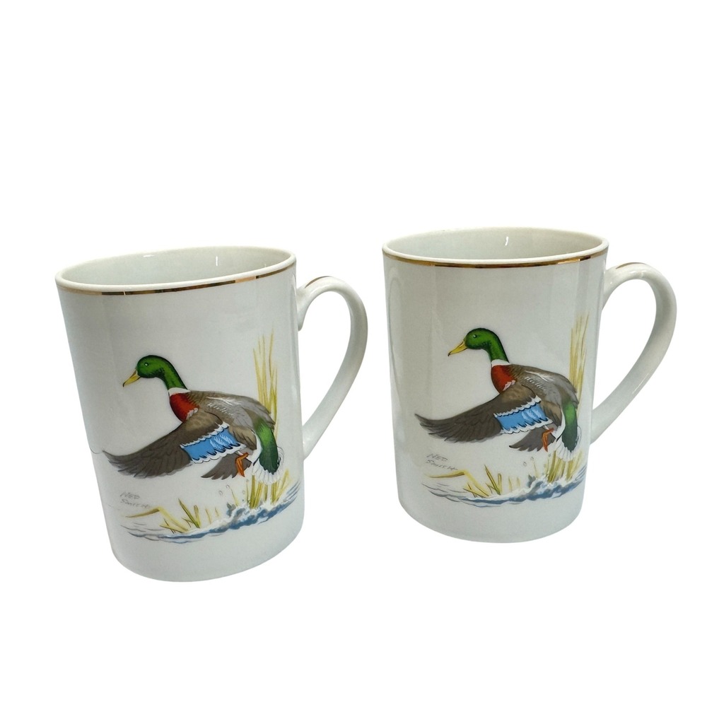 Vintage Ned Smith Mallard Duck Coffee Mugs Gold Trim Set of 2 Wildlife Art